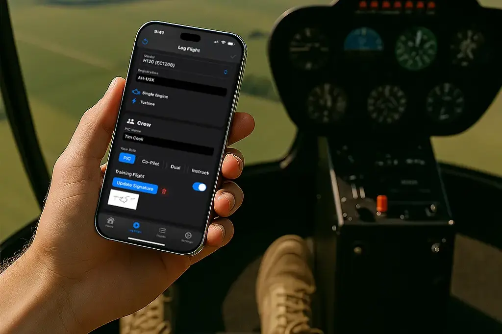 Helicopter pilot using RotorLog app for compliance